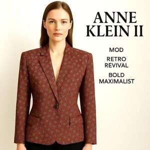 Anne Klein II‎ Silk Blazer Women's 2 Vintage Red Geometric Mod Retro Jacket